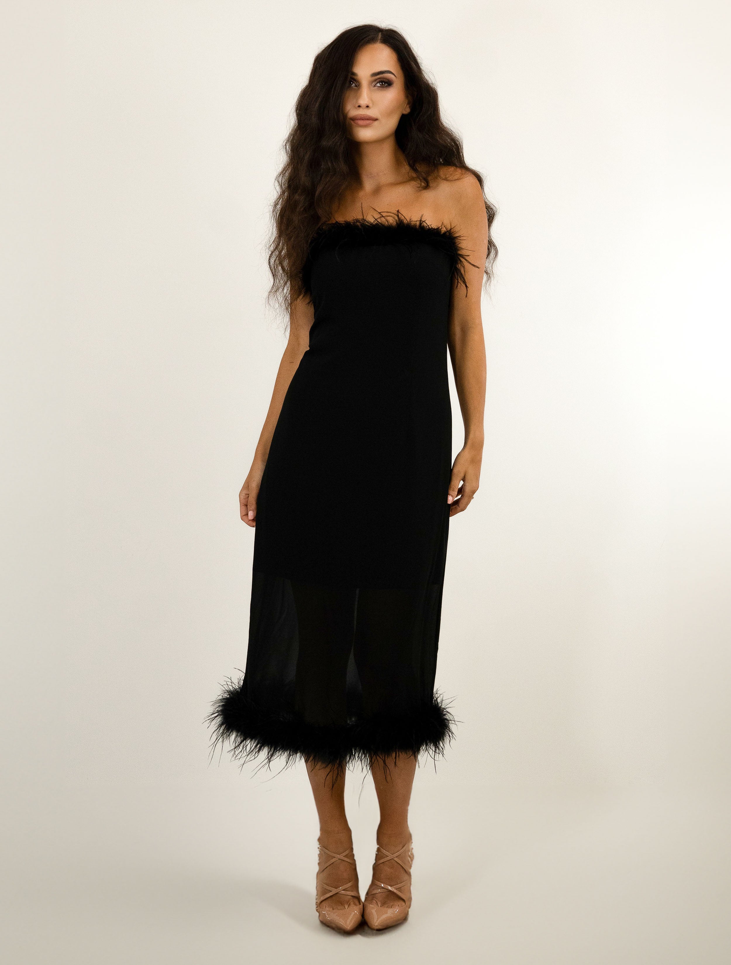 WOMENS OSTRICH FEATHER TRIMMED DRESS