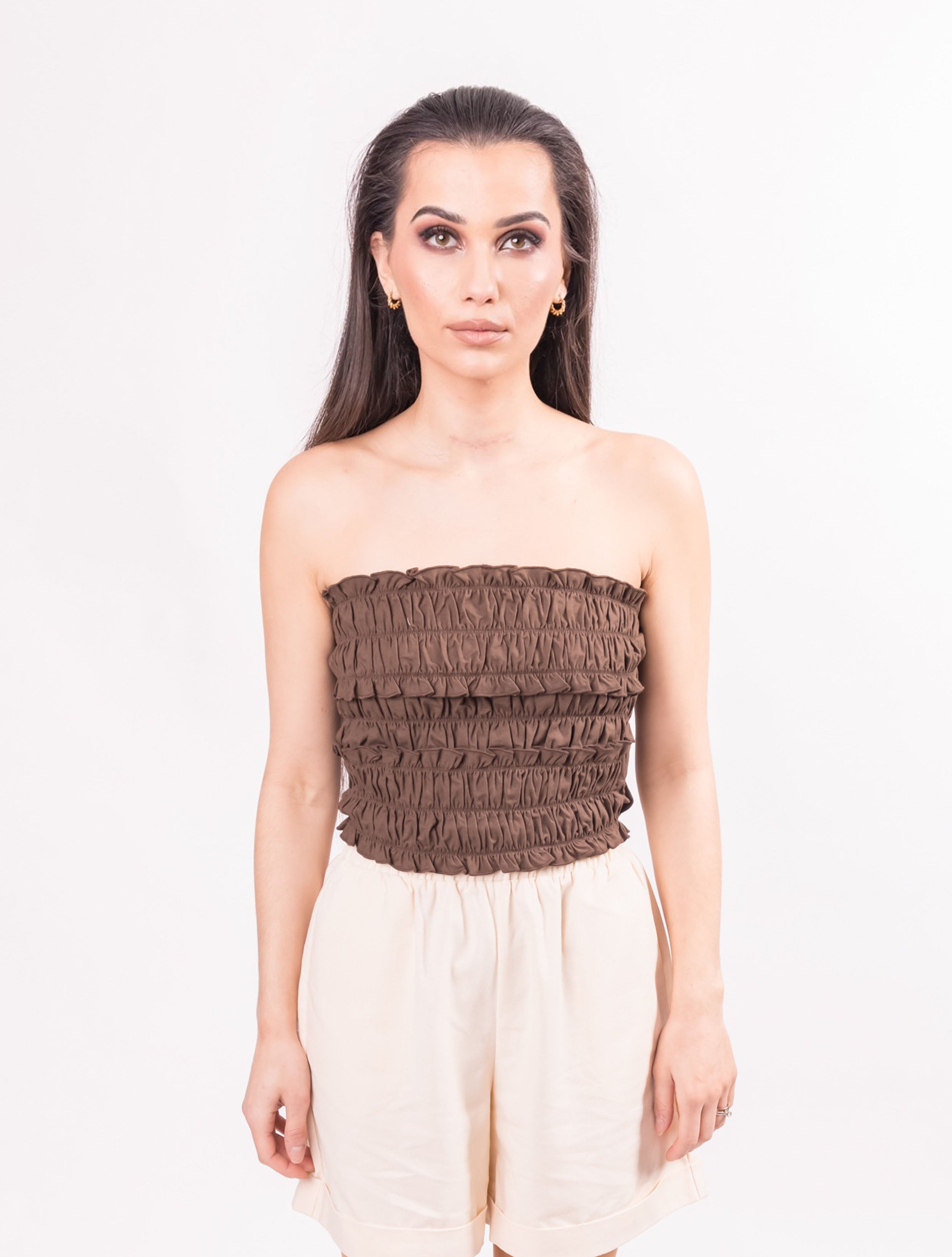 WOMENS SHIRRING TOP CHOCOLATE - CY