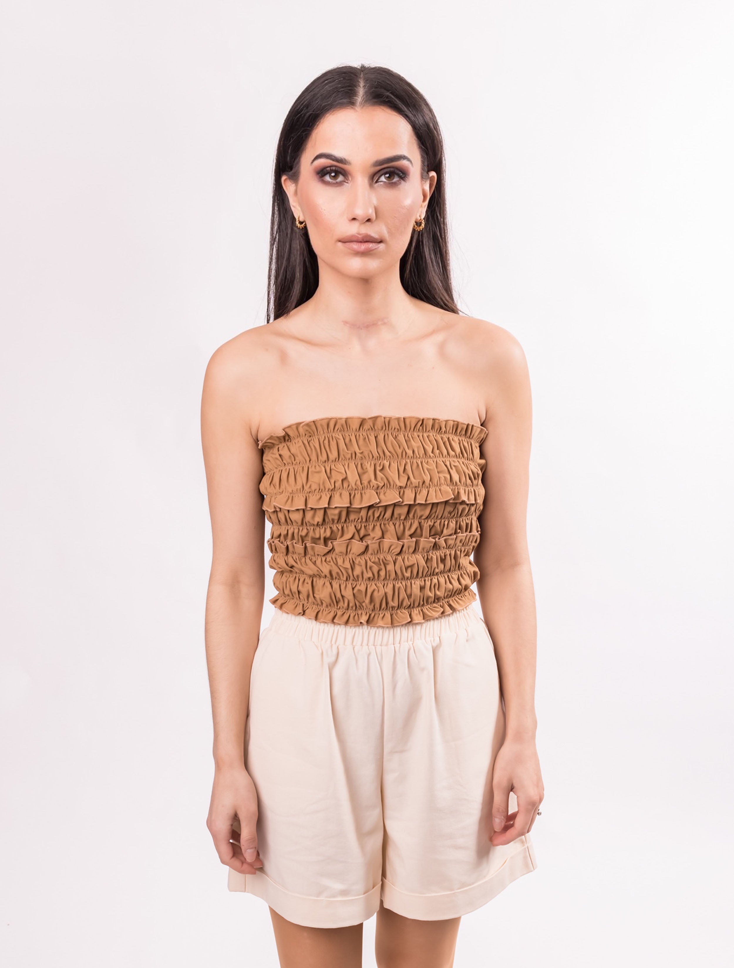 WOMENS SHIRRING TOP CARAMEL - CY